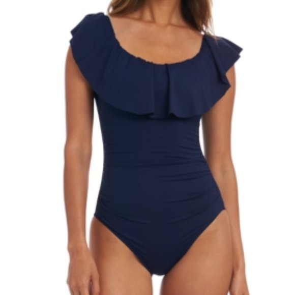 La Blanca Off the Shoulder One Piece Swimsuit Navy - Picture 1 of 9